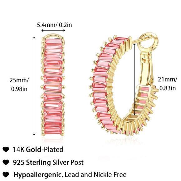 14K Yellow Gold with Rosy Pink Sapphire Cubic Zirconia Hoop Leverback Earrings - Picture 3 of 6
